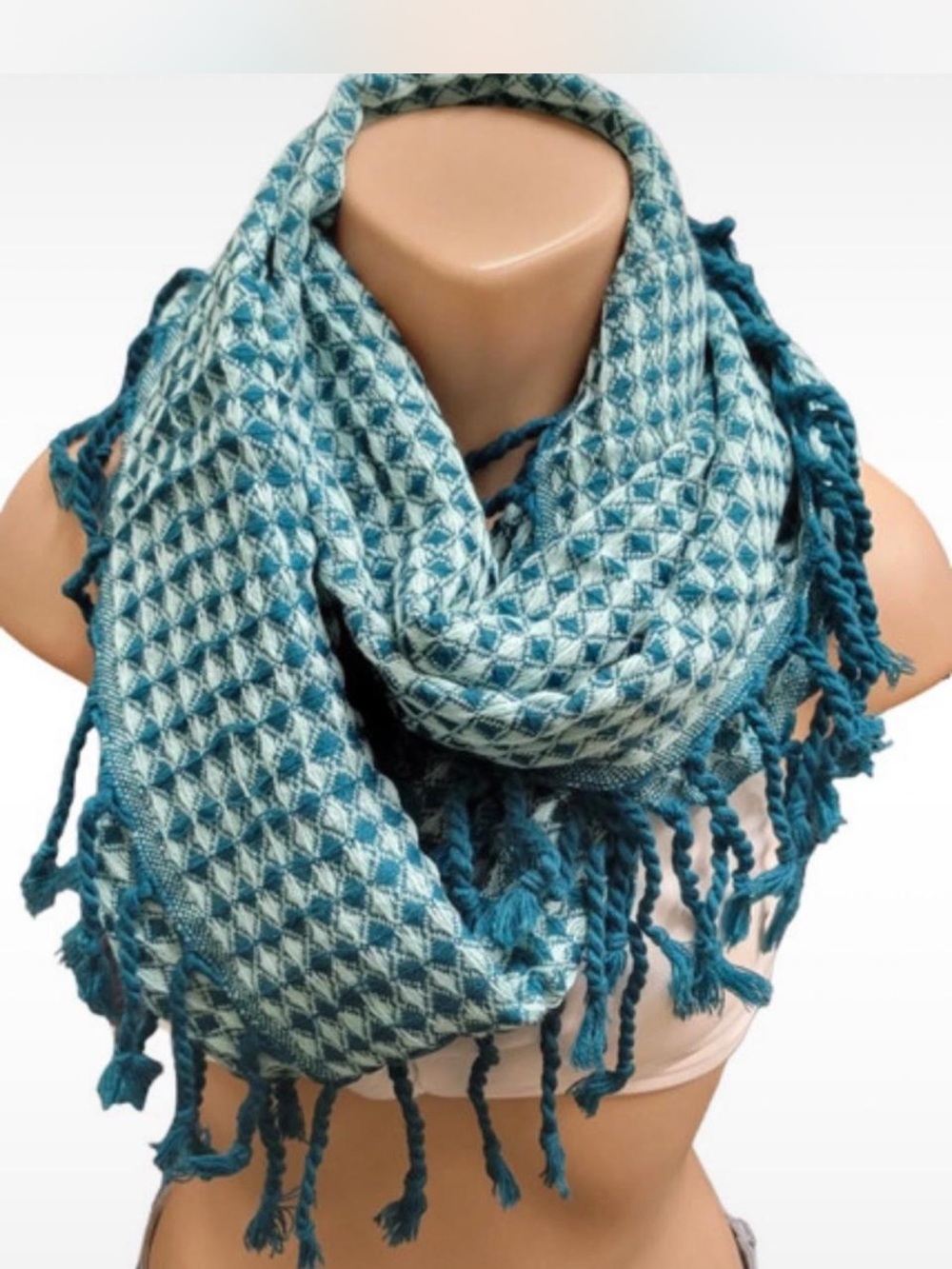 Varsity Teal Patterned Fringe infinity Scarf - Women Accessories